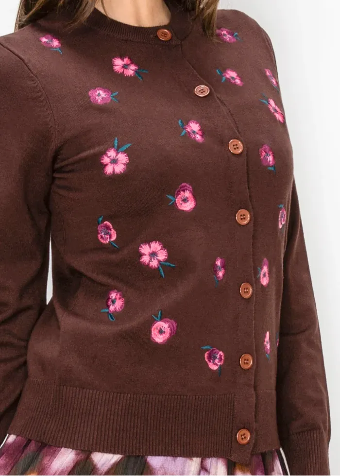 Embroidered Flower Button Front Cardigan