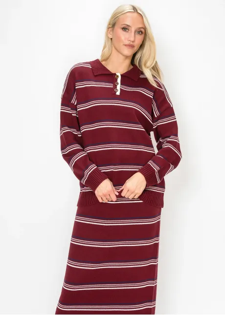Knit Collar Sweater in Burgundy Stripe