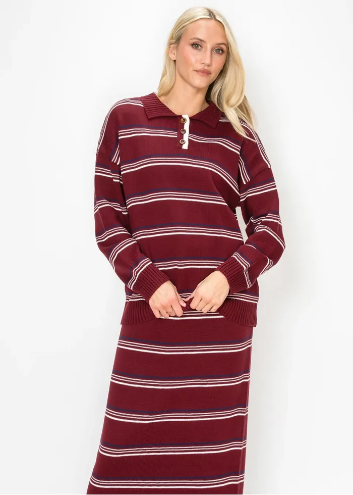 Knit Collar Sweater in Burgundy Stripe