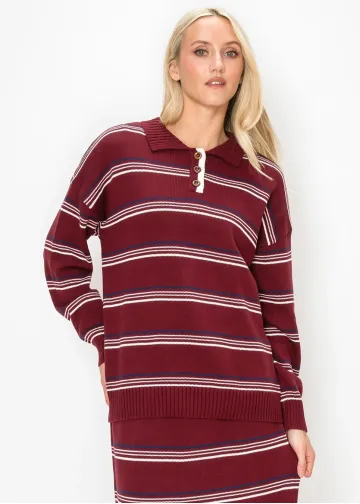 Knit Collar Sweater in Burgundy Stripe