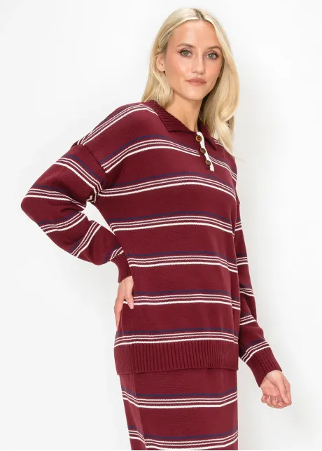 Knit Collar Sweater in Burgundy Stripe