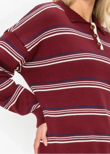 Knit Collar Sweater in Burgundy Stripe