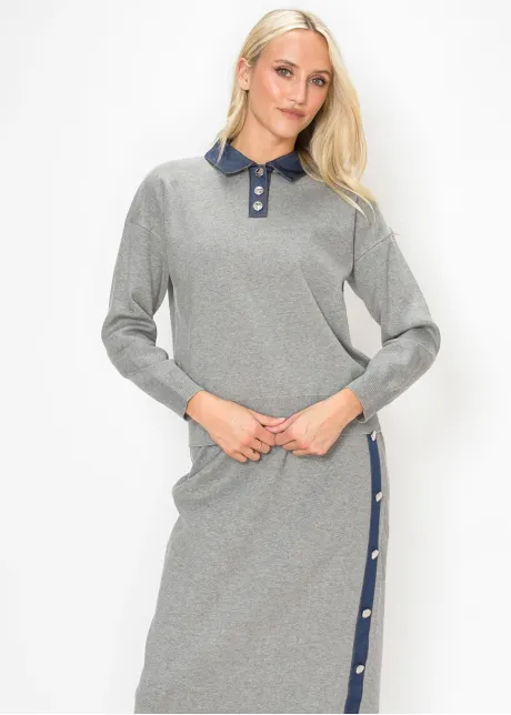 Heather Grey Sweater with Navy Denim Trim