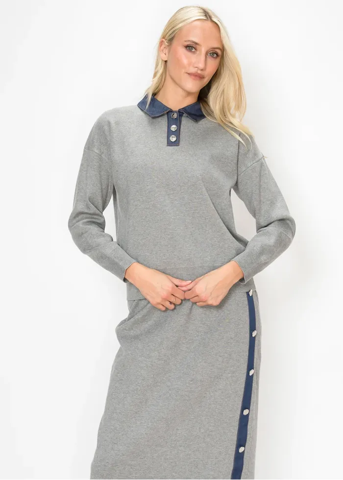 Heather Grey Sweater with Navy Denim Trim