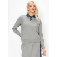 Heather Grey Sweater with Navy Denim Trim