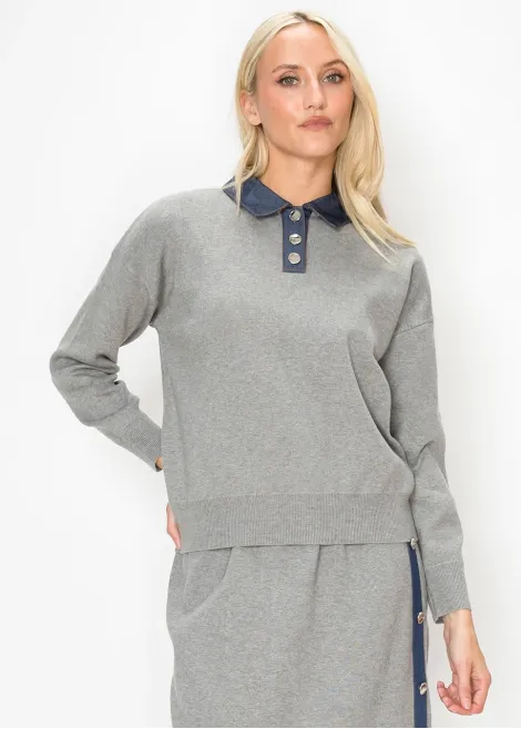Heather Grey Sweater with Navy Denim Trim