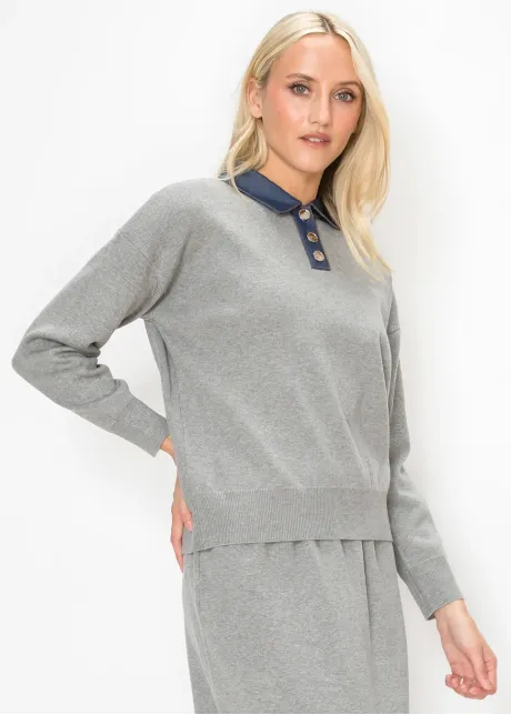 Heather Grey Sweater with Navy Denim Trim