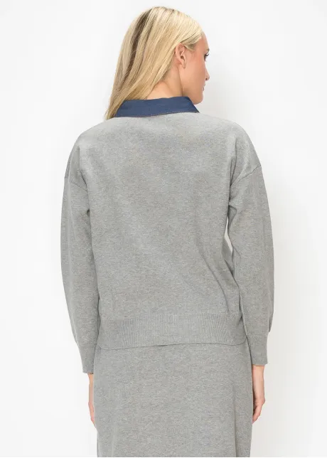 Heather Grey Sweater with Navy Denim Trim