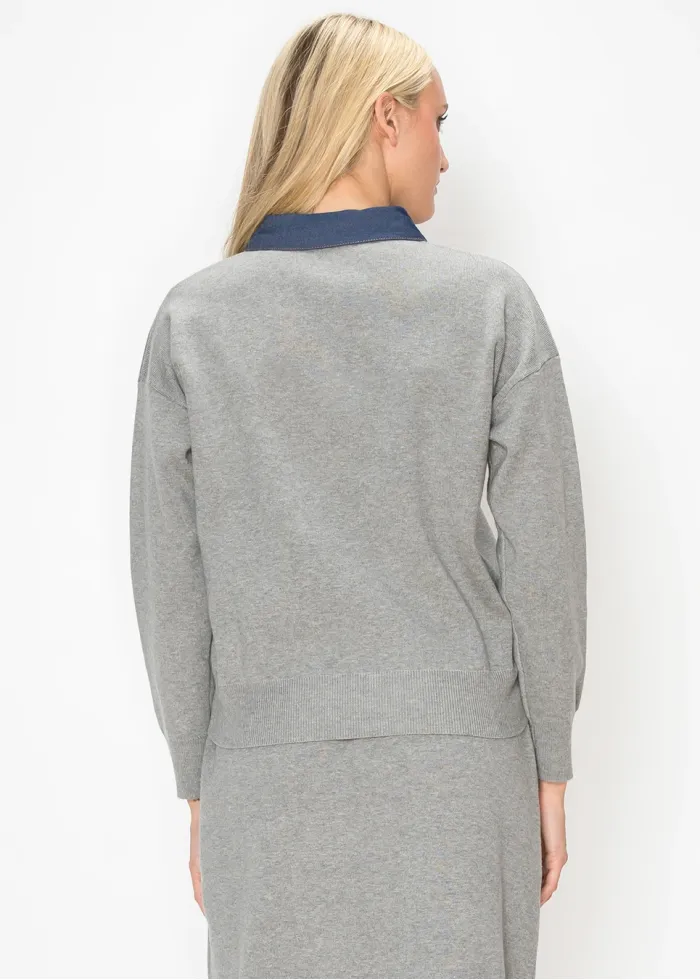 Heather Grey Sweater with Navy Denim Trim