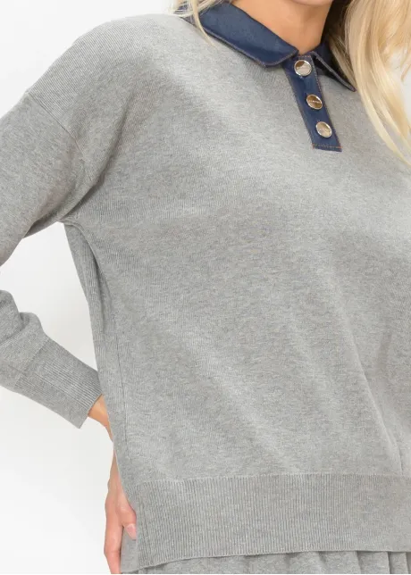 Heather Grey Sweater with Navy Denim Trim
