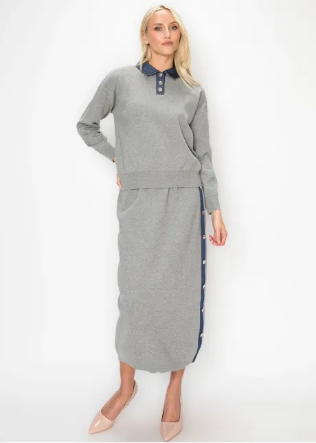 Heather Grey Sweater with Navy Denim Trim