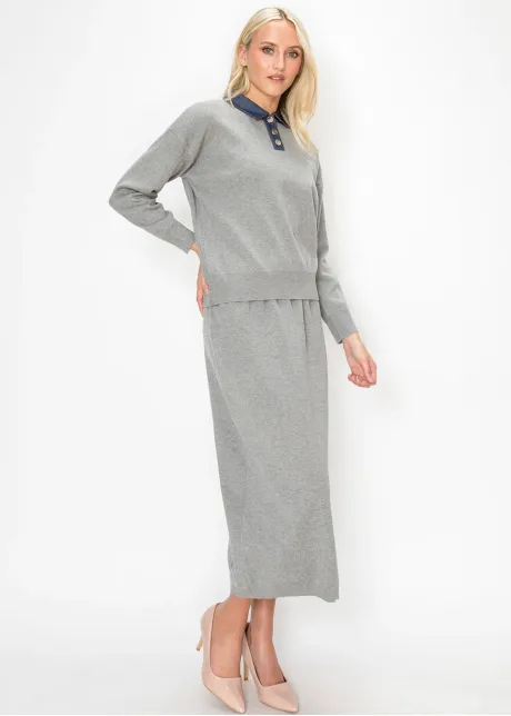 Heather Grey Sweater with Navy Denim Trim
