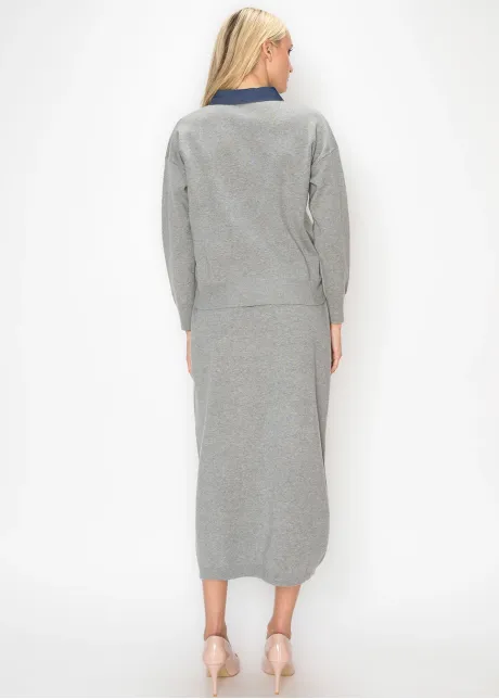 Heather Grey Sweater with Navy Denim Trim
