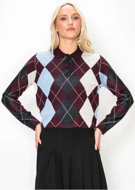 Burgundy Argyle Polo Sweater