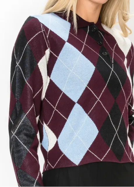Burgundy Argyle Polo Sweater