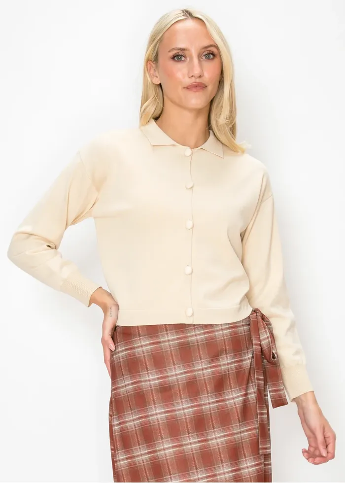 Cropped Collared Cardigan in Cream