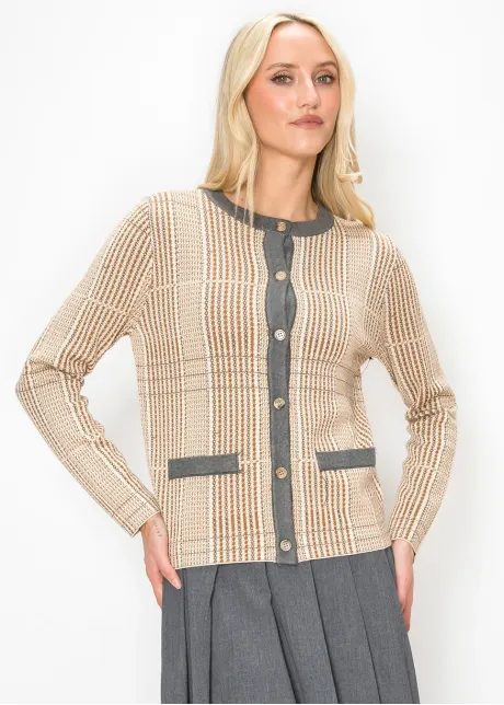 Camel Knit Cardigan with Contrast Grey Trim
