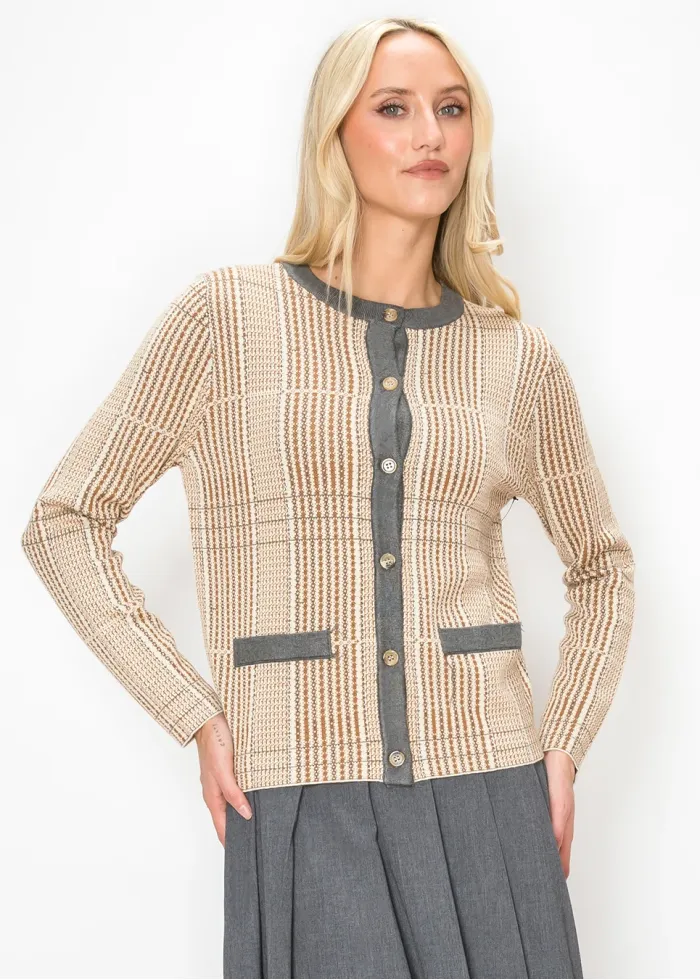 Camel Knit Cardigan with Contrast Grey Trim