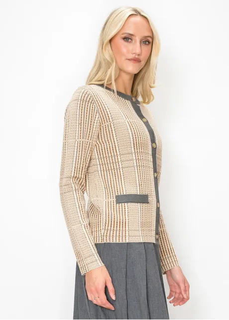 Camel Knit Cardigan with Contrast Grey Trim