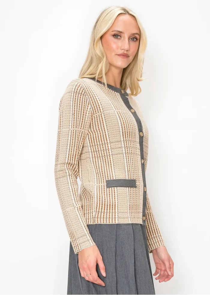 Camel Knit Cardigan with Contrast Grey Trim
