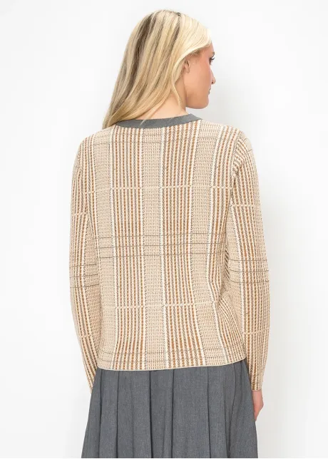 Camel Knit Cardigan with Contrast Grey Trim