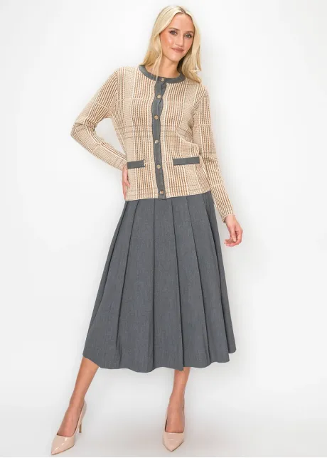 Camel Knit Cardigan with Contrast Grey Trim