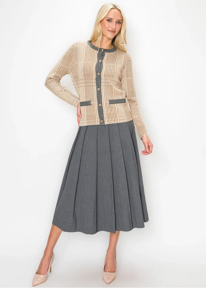 Camel Knit Cardigan with Contrast Grey Trim