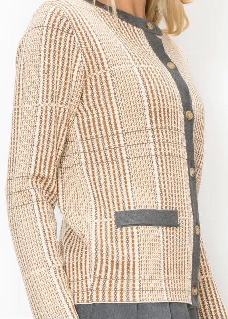Camel Knit Cardigan with Contrast Grey Trim