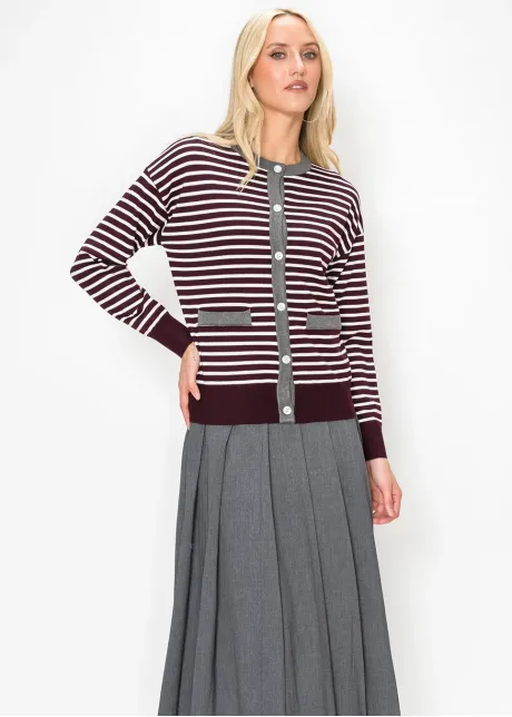 Striped Button-Front Cardigan in Burgundy Knit