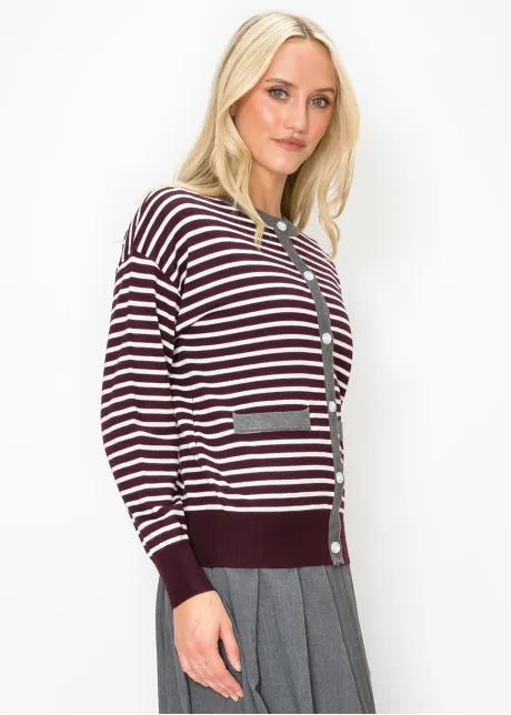 Striped Button-Front Cardigan in Burgundy Knit