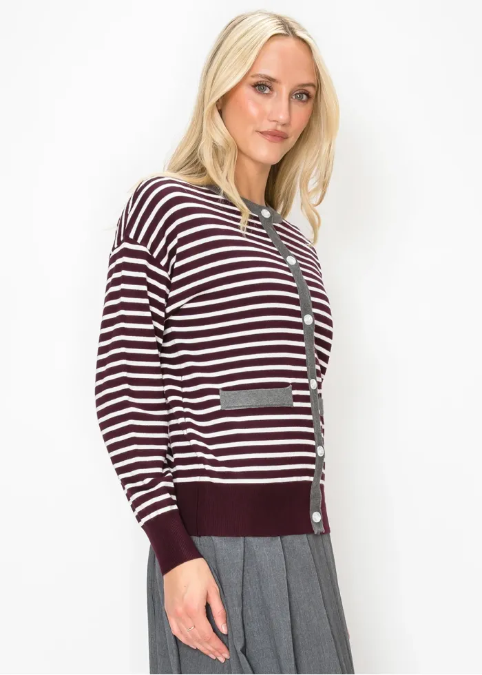 Striped Button-Front Cardigan in Burgundy Knit