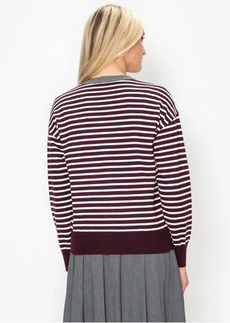 Striped Button-Front Cardigan in Burgundy Knit