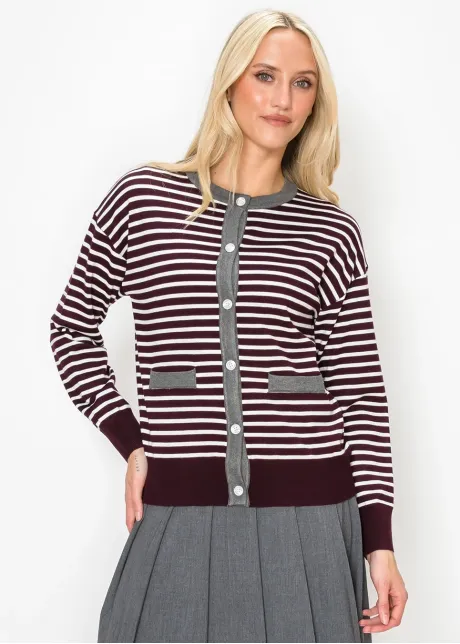 Striped Button-Front Cardigan in Burgundy Knit