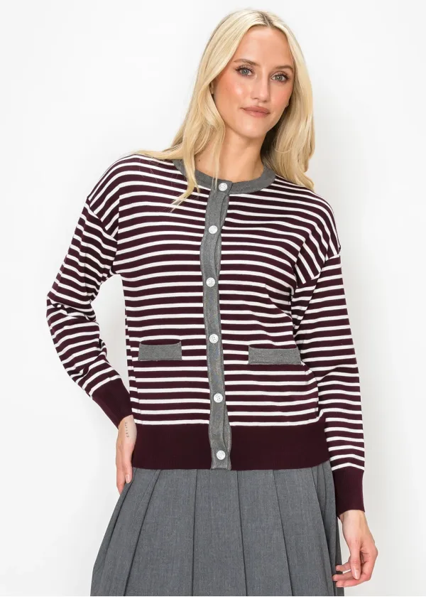 Striped Button-Front Cardigan in Burgundy Knit