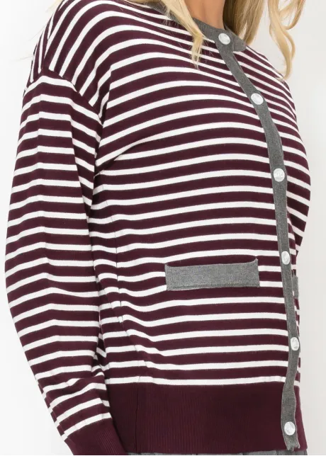 Striped Button-Front Cardigan in Burgundy Knit