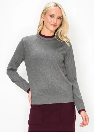 Grey Sweater with Burgundy Trim