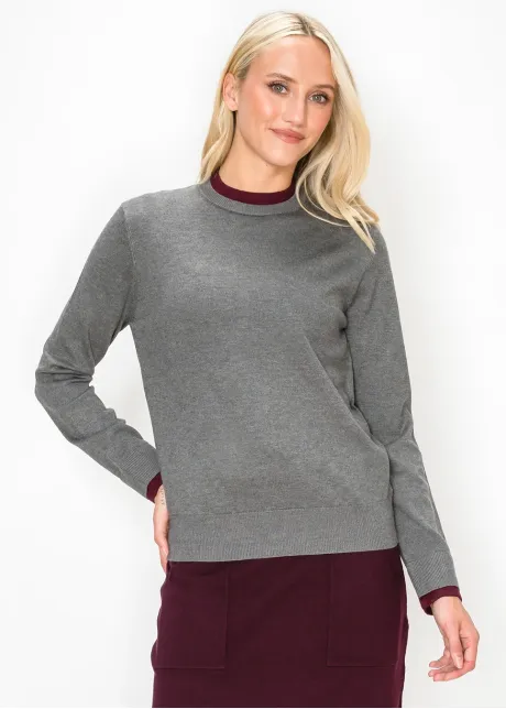 Grey Sweater with Burgundy Trim