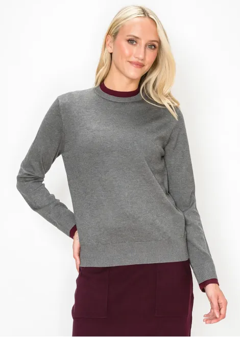 Grey Sweater with Burgundy Trim