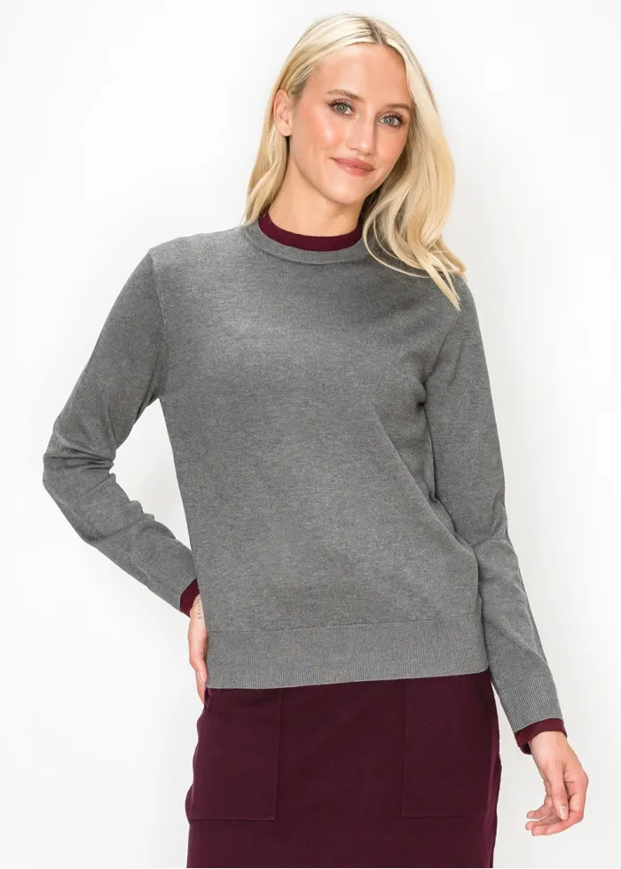 Grey Sweater with Burgundy Trim