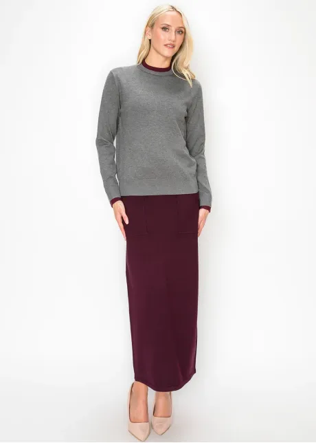 Grey Sweater with Burgundy Trim