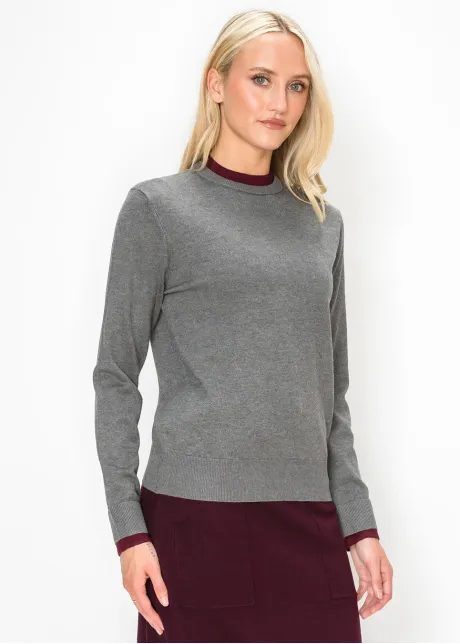 Grey Sweater with Burgundy Trim