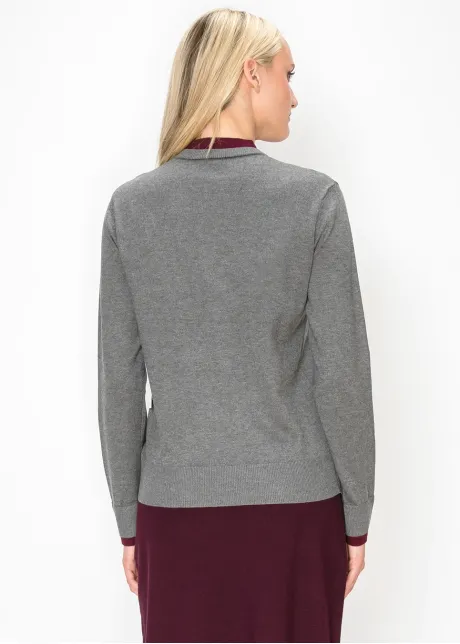Grey Sweater with Burgundy Trim