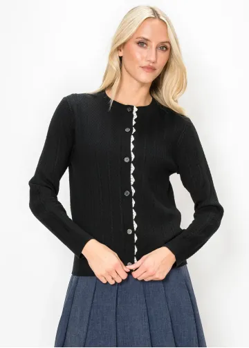 Black Cardigan with Cream Lace Placket