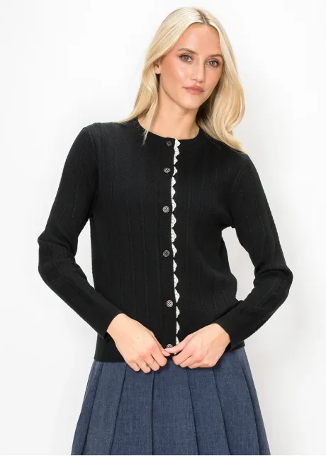 Black Cardigan with Cream Lace Placket