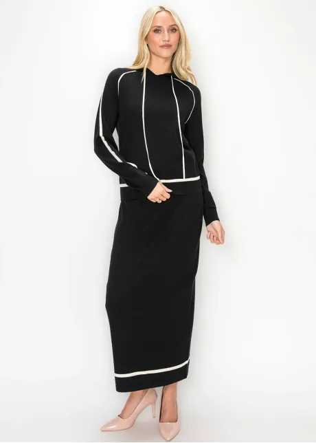 Hooded Knit Sweater in Black with Cream Trim