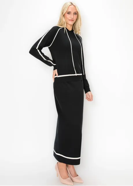 Hooded Knit Sweater in Black with Cream Trim