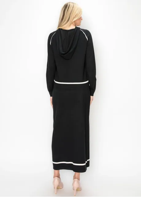 Hooded Knit Sweater in Black with Cream Trim
