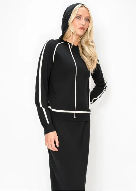 Hooded Knit Sweater in Black with Cream Trim