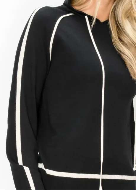 Hooded Knit Sweater in Black with Cream Trim