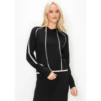Hooded Knit Sweater in Black with Cream Trim